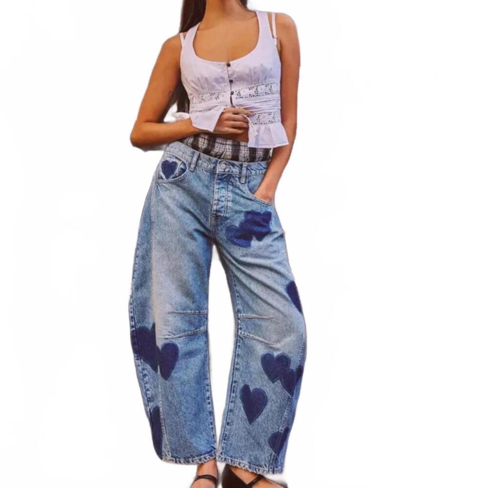 NEW BARREL Y2K Streetwear SZ S High Rise Slouchy Cropped Denim Heart Jeans Pants - Picture 2 of 9